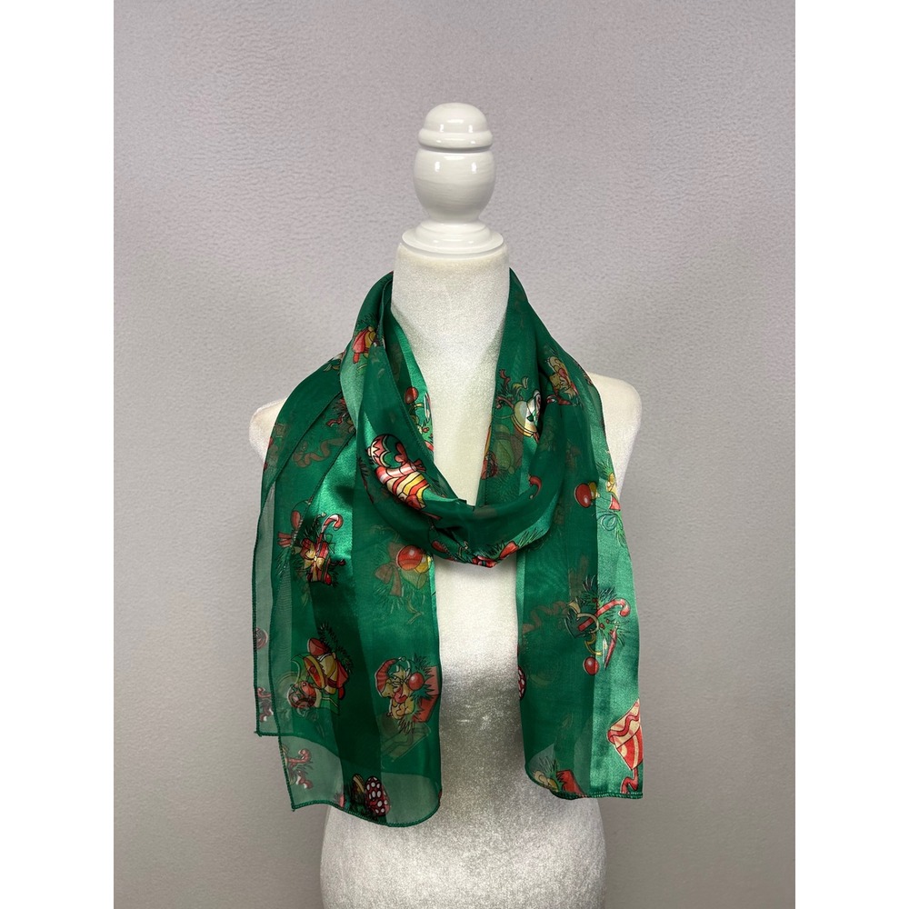 Festive Holiday Christmas Women OS Green Christmas Print Sheer Scarf